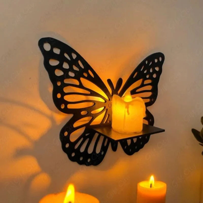 Wooden Butterfly Wall Shelf Set of 3 – Laser Cut MDF Floating Shelves & Candle Holder for Home Decor