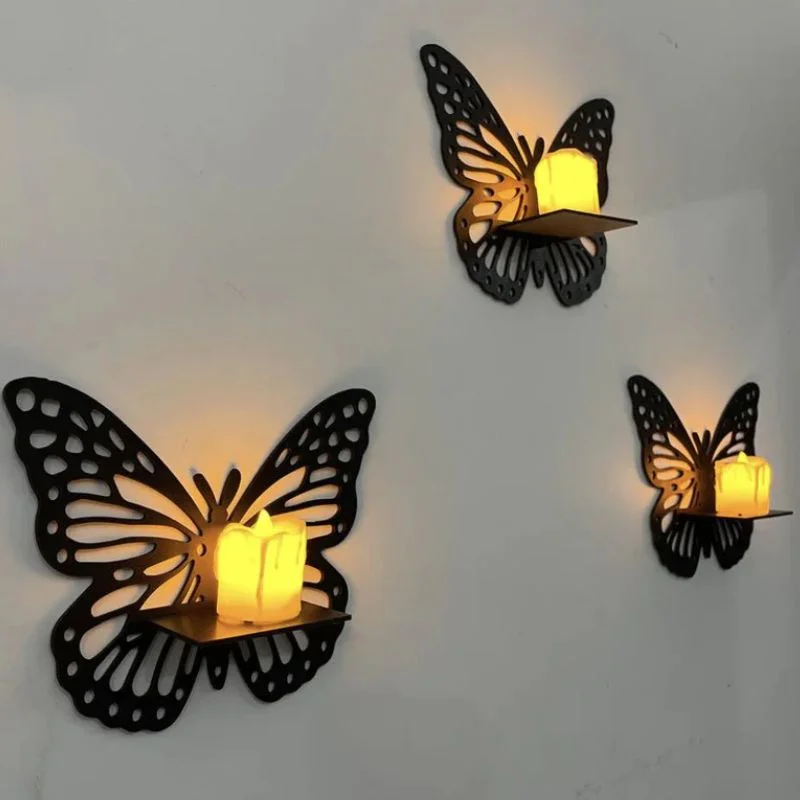 Wooden Butterfly Wall Shelf Set of 3 – Laser Cut MDF Floating Shelves & Candle Holder for Home Decor