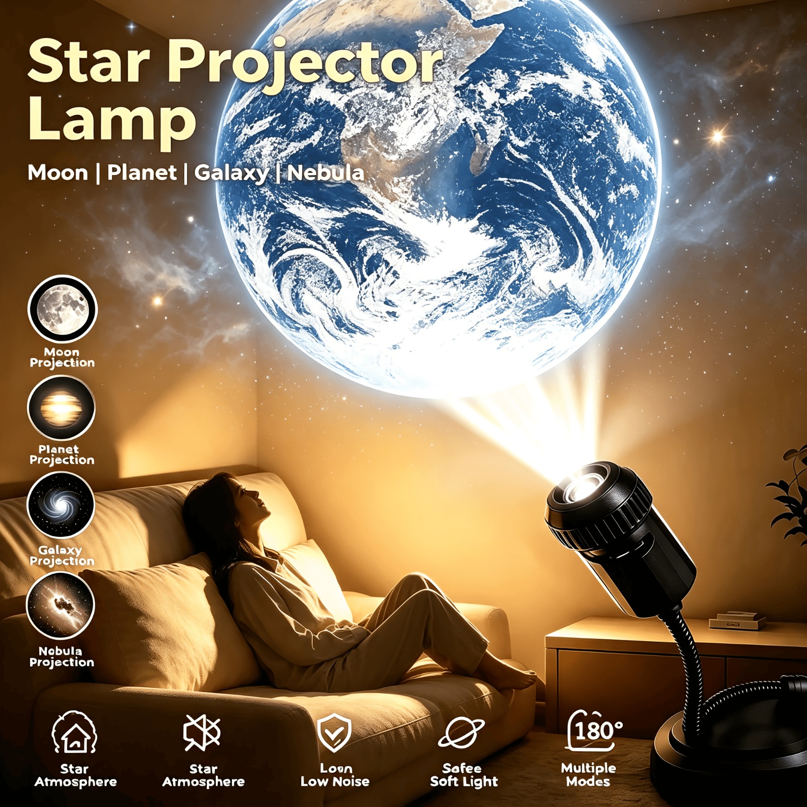 USB Ceiling Moon Earth Projection Lamp – 6 Lenses Starry Sky Atmosphere Light for Bedroom Decor